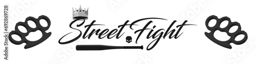 Gangsta street fight elements brass knuckle baseball bat skull crown illustration vector photo