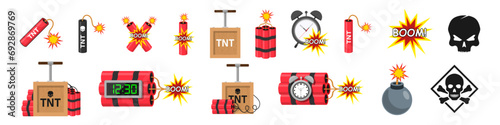 Tnt dynamite. Cartoon bomb with burning wick and explosive detonator, red stick mining blast charge, destroy firecracker fuse burning cable vector illustration photo