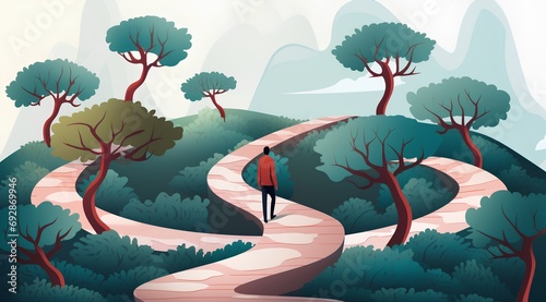 A solitary individual stands at the start of a winding path symbolizing a career journey, with the road branching off into multiple directions, representing lifes choices and opportunities. photo