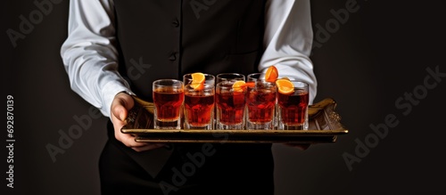 Waiter carries drinks on tray. photo