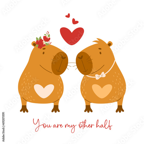 Romantic valentine card. Cute loving couple capybara animals with hearts. Vector illustration. Funny character rodent for love cards, design, print.