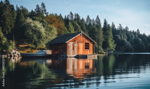 A Serene Retreat  Boathouse on a Tranquil Lake Amidst Lush  Verdant Surroundings