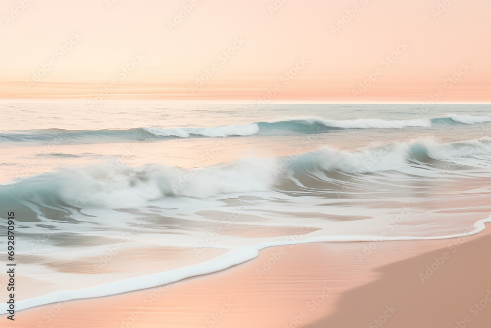Subtle pastel peach waves lapping on a serene beach shore
