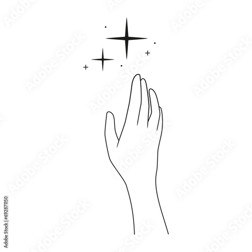 Hand and stars. Outline minimalist vector illustration isolated on white background