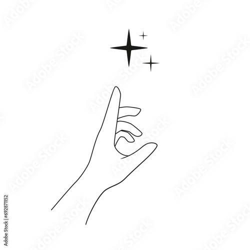 Hand and stars. Outline minimalist vector illustration isolated on white background