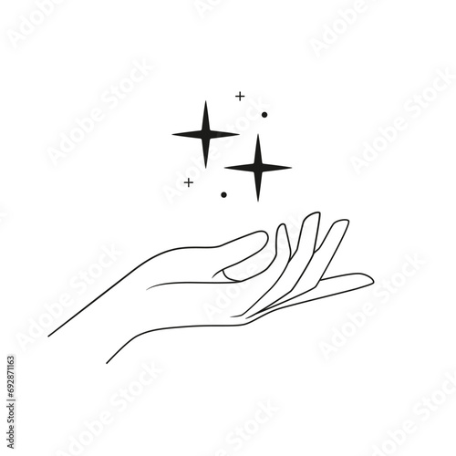 Hand and stars. Outline minimalist vector illustration isolated on white background