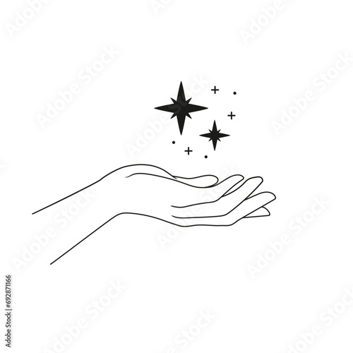 Hand and stars. Outline minimalist vector illustration isolated on white background