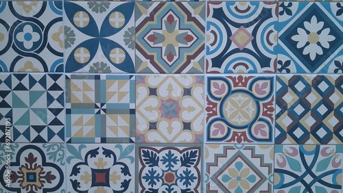 blue historical Portuguese tiles pattern Azulejo design seamless background of vintage mosaics set © OceanProd