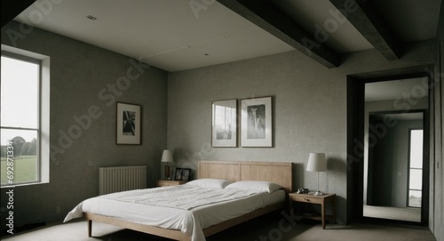 interior of a bedroom with wall art and country view