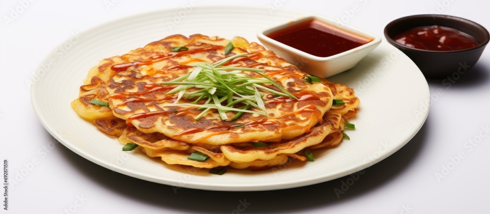 Korean-style vegetable pancakes with sauce, Korean pizza - Asian cuisine