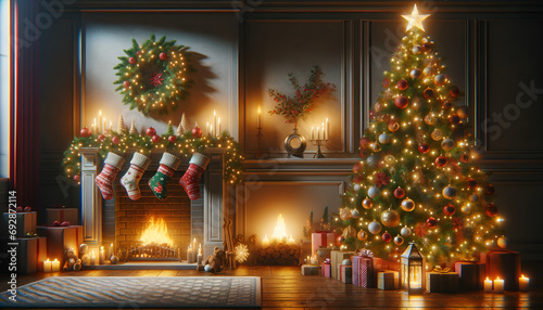 "Cozy holiday scene with a decorated tree and fireplace"