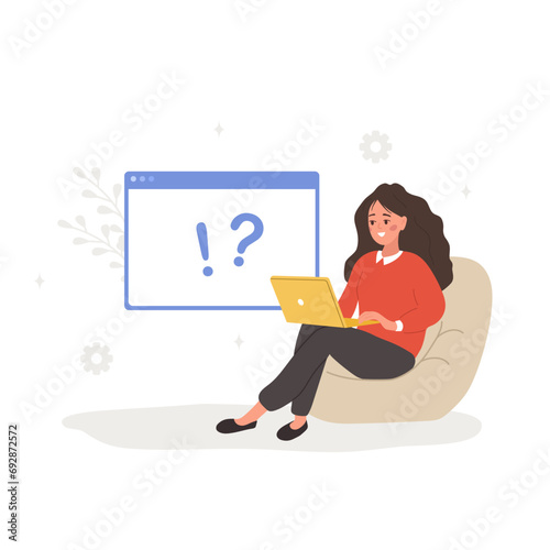 FAQ concept. Woman with laptop search for answers. Customer support and online help service. Frequently asked questions. Vector illustration in flat cartoon style.