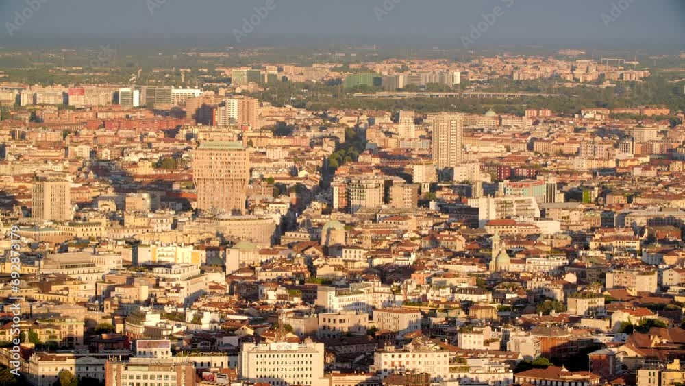 Torre Velasca in Milan during sunset, aerial drone view Torre Velasca in Milan during sunset, aerial drone view