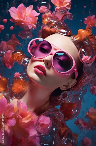 Fashion portrait of beautiful young woman with pink sunglasses and flowers. Generative Ai. 