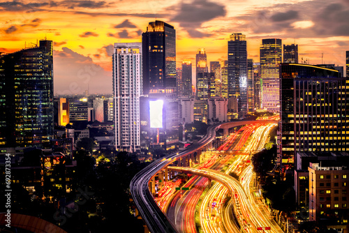 Panoramic Jakarta skyline with urban skyscrapers