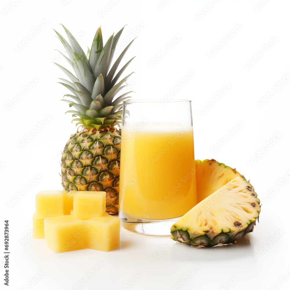 pineapple slice with glass of juice white background pineapple slice with glass of juice white background