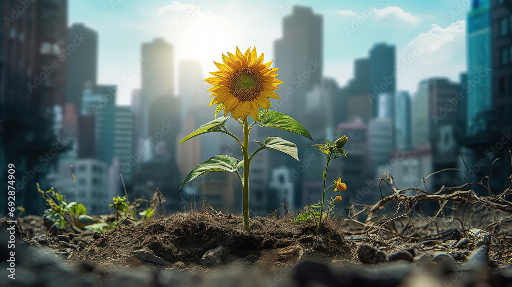 A Sunflower's Majestic Middle Ground Amidst Urban Growth in the City Landscape - obrazy, fototapety, plakaty 