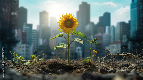 A Sunflower's Majestic Middle Ground Amidst Urban Growth in the City Landscape