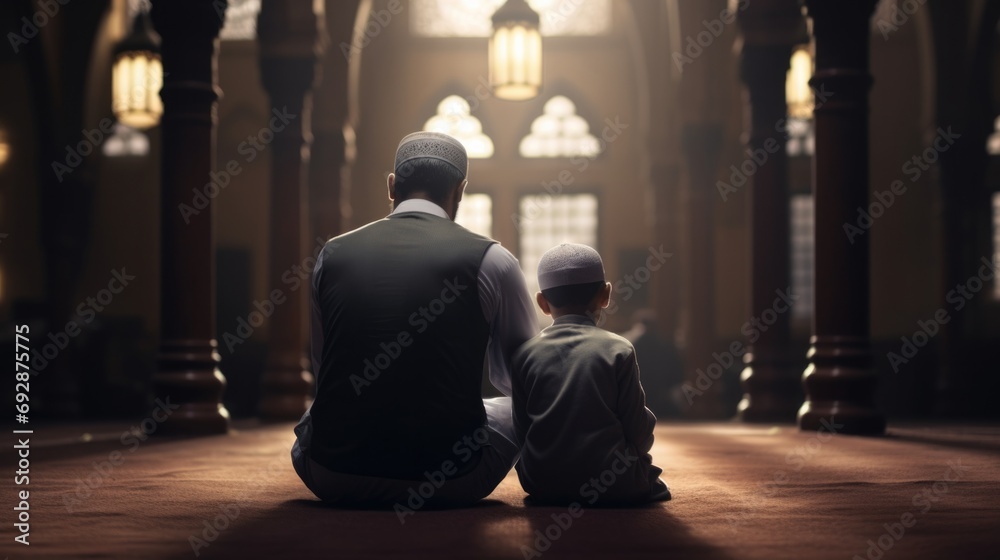Back view of Muslim father and son praying together in the mosque  - obrazy, fototapety, plakaty 