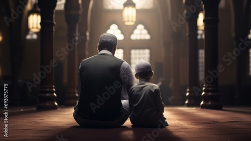 Leinwand Poster Back view of Muslim father and son praying together in the mosque