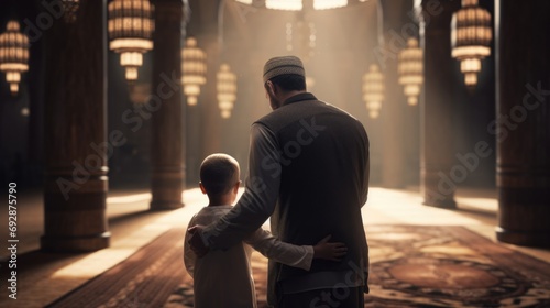 Back view of Muslim father and son praying together in the mosque 