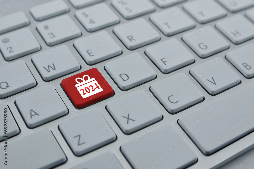 Gift box happy new year 2024 flat icon on modern computer keyboard button, Business shopping online concept Gift box happy new year 2024 flat icon on modern computer keyboard button, Business shopping online concept