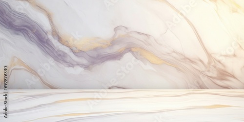 白と薄い紫と金色のマーブル模様の背景と床があるエレガントな横長抽象テンプレート