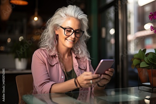phone messaging woman senior Stylish using business fashionable home businesswoman smiling happy beautiful message smile smartphone laptop mobile spectacle eyeglass working freelancer occupation photo