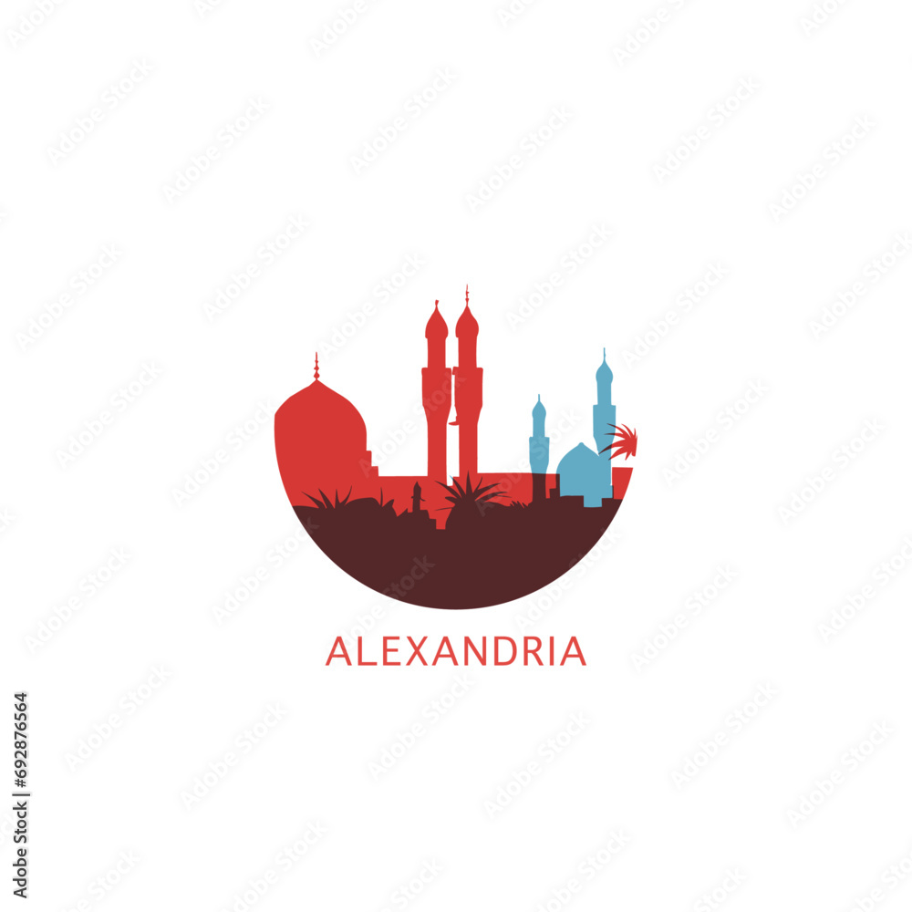 Alexandria cityscape skyline city panorama vector flat modern logo icon. Egypt emblem idea with landmarks and building silhouettes Alexandria cityscape skyline city panorama vector flat modern logo icon. Egypt emblem idea with landmarks and building silhouettes