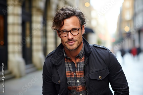 scene urban man handsome Stylish male guy photogenic attractive trendy style eyewear eyeglass optical look fashion fashionable portrait closeup 40 young middle-aged confident smart smile smiling photo
