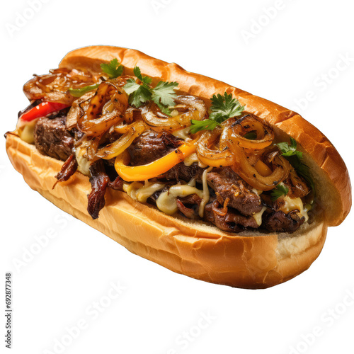 Sliced steak with grilled onions, peppers, and melted cheese on a hoagie roll transparent background