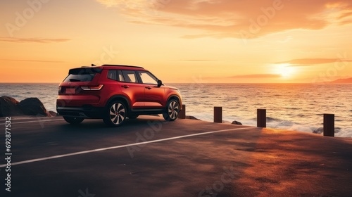 An SUV with a sporty and modern design is parked on a concrete road by the sea at sunset. © somchai20162516