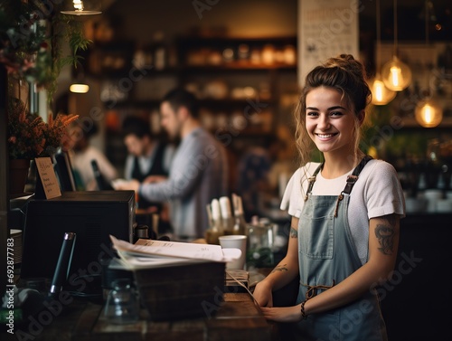 Portrait of confident female barista standing behind counter. Woman cafe owner in apron looking at camera and smiling photo