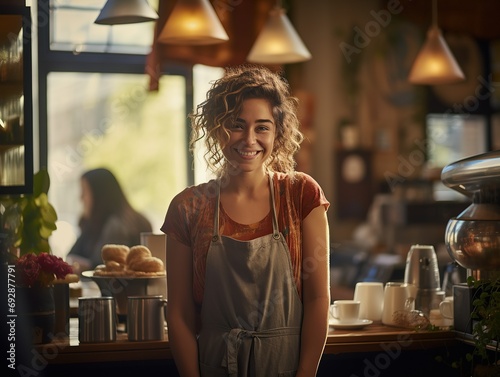 Portrait of confident female barista standing behind counter. Woman cafe owner in apron looking at camera and smiling photo