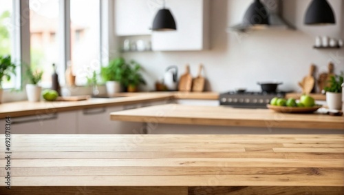 Blurred Kitchen Countertop, Wooden Table and Kitchen Tools on Empty Wooden Table Background 