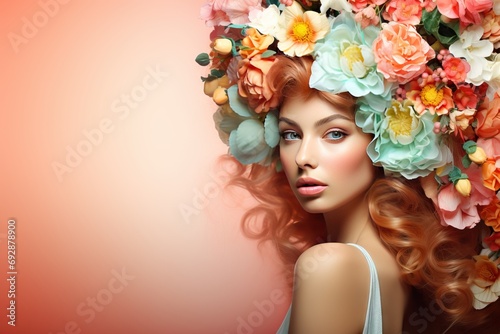 hairstyle Flowers head wreath blooming woman Spring flower coiffure fashion portrait rose chaplet beauty make-up profile gorgeous vogue model bride natural floral day holiday glamour summer female photo