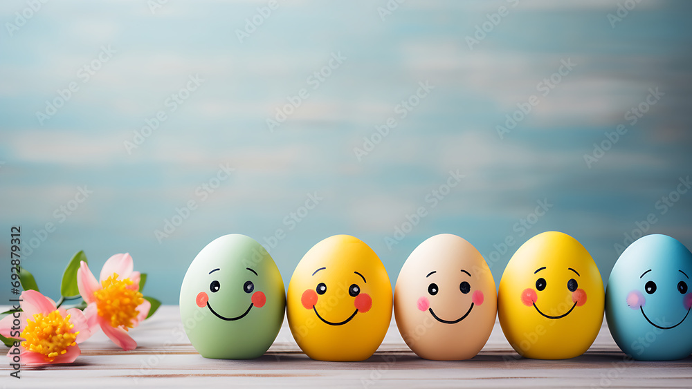 Happy easter concept. Cute easter eggs with funny faces.