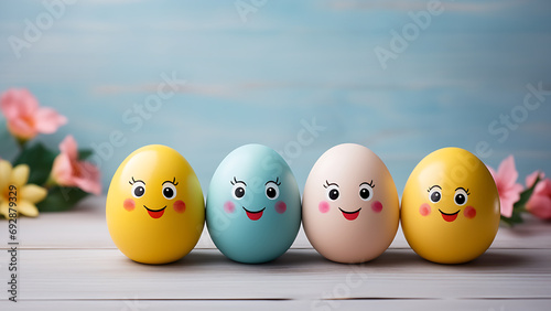 Happy easter concept. Cute easter eggs with funny faces.