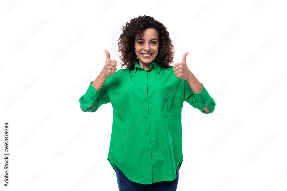 confident smart young business woman dressed in a green shirt on a white background confident smart young business woman dressed in a green shirt on a white background