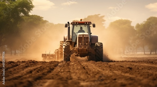 Farmers are preparing land for planting. Use a tractor with a tail to plow the dirt at the back. There is dust.