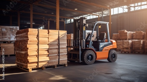 A forklift transports wooden crates from the warehouse. Cargo warehouse at the port Send products to customers photo
