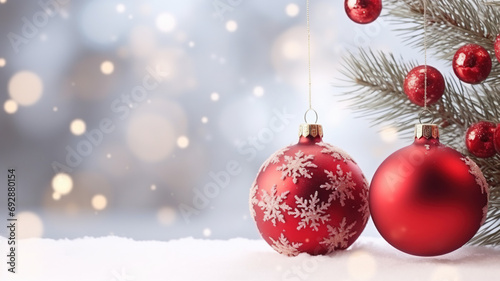 Christmas Holiday background with snow, fir tree and decorations with Christmas Balls, Merry Christmas and happy New Year background. Generative Ai