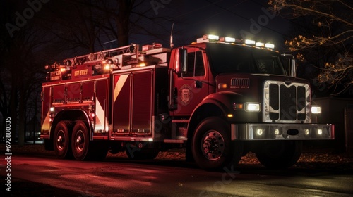 Fire truck with red fire lights flashing at night