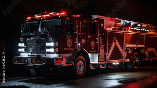 Fire truck with red fire lights flashing at night photo
