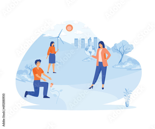  Ecology concept. People surrounded by natural ecological and Renewable energy symbols. flat vector modern illustration  © Alwie99d