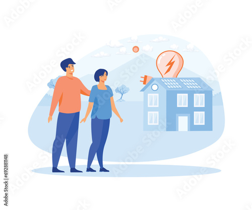  Man and woman look Modern eco private house with solar energy panels.  flat vector modern illustration  