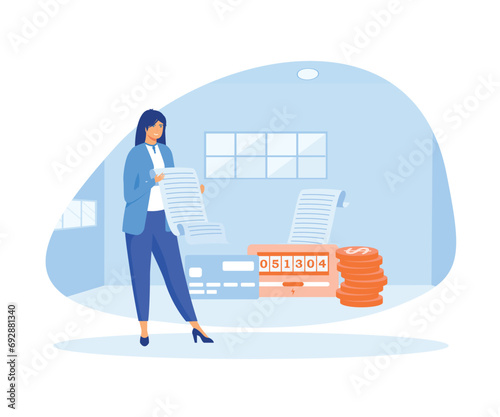  Home energy efficiency audit concept. Person checks heating meter and calculate household utility bill.  flat vector modern illustration 
