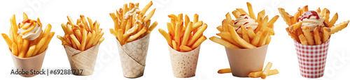 Collection of fries with sauce in different cones photo