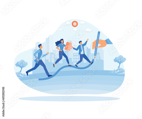 Business people walking on rising graph line. Big hand drawn growth diagram. flat vector modern illustration 