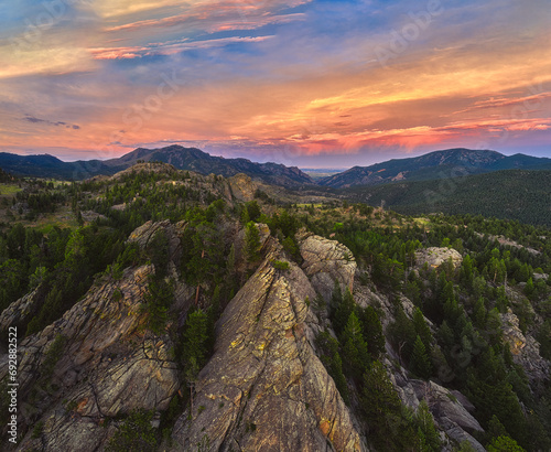 an aerial view of the rocky terrain in the middle of the mountains, Front Range, Colorado